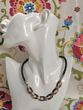 Brighton Brown Tortoiseshell Link Necklace with Braided Cord